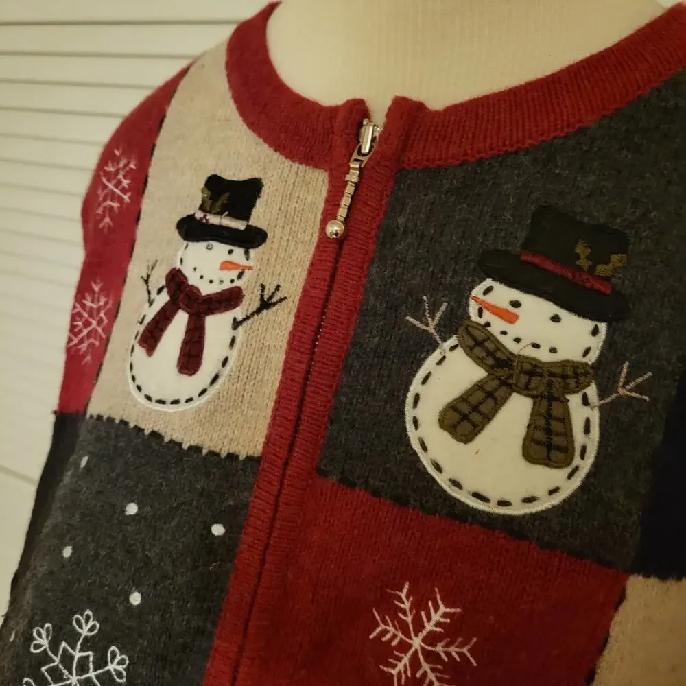 Cottagecore Patchwork Snowman Embroidered Zip Up Cardigan Sweater Large Ramie-Wo